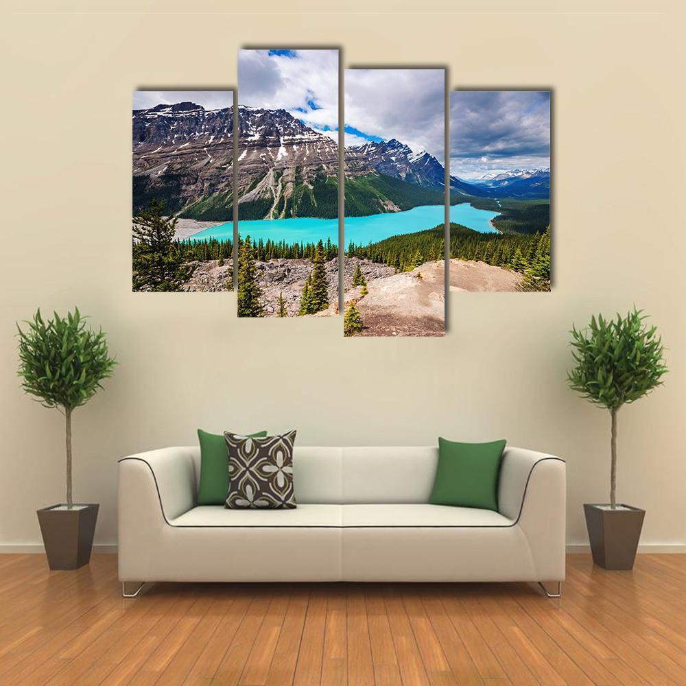 Peyto Lake Under Cloudy Sky Canvas Wall Art-4 Pop-Gallery Wrap-50" x 32"-Tiaracle