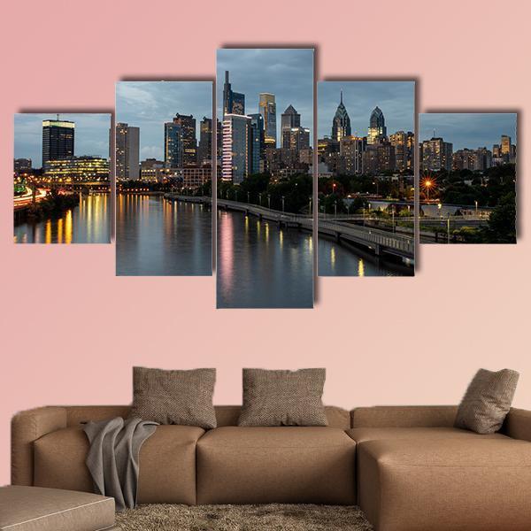 Philadelphia Skyline At Night Time Canvas Wall Art-5 Star-Gallery Wrap-62" x 32"-Tiaracle