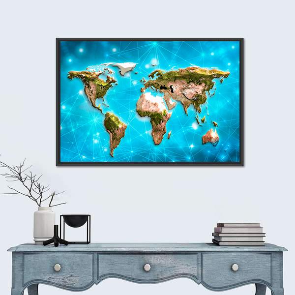 Physical World Map Illustration Canvas Wall Art-1 Piece-Floating Frame-24" x 16"-Tiaracle