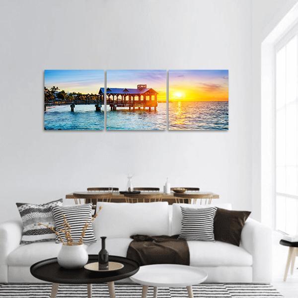 Pier At The Beach In Key West Florida Panoramic Canvas Wall Art-3 Piece-25" x 08"-Tiaracle