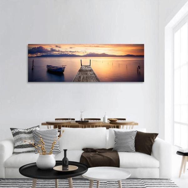 Pier With Fishing Vessels At Sunset Panoramic Canvas Wall Art-1 Piece-36" x 12"-Tiaracle