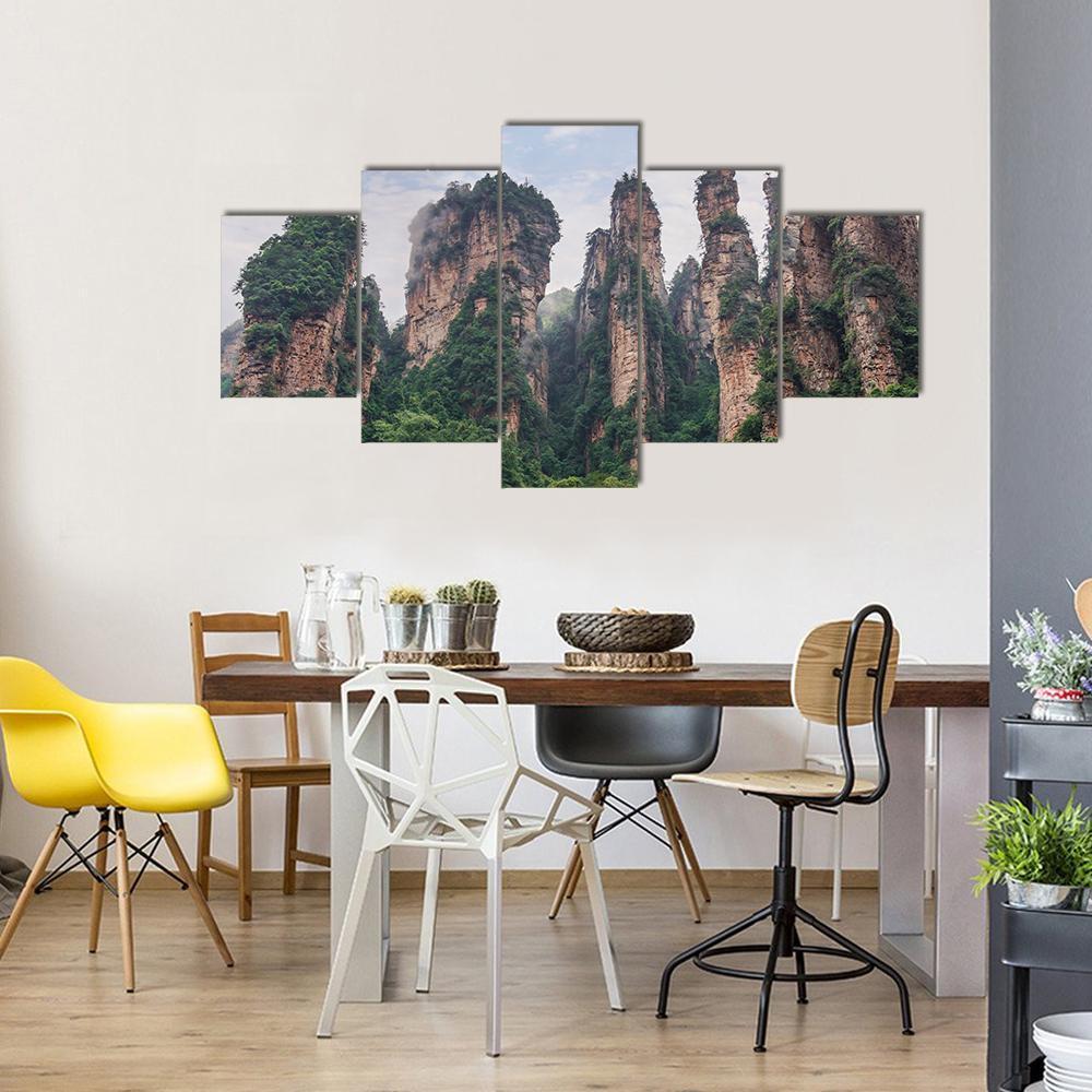 Pillars Of Zhangjiajie Under Cloudy Sky Canvas Wall Art-5 Star-Gallery Wrap-62" x 32"-Tiaracle
