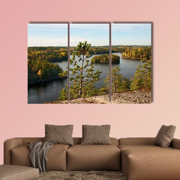 Pine Tree Autumn Lake Landscape Canvas Wall Art-3 Horizontal-Gallery Wrap-37" x 24"-Tiaracle