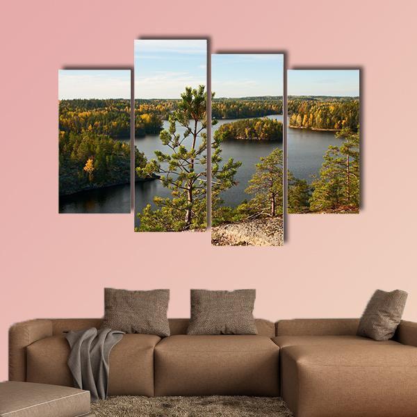 Pine Tree Autumn Lake Landscape Canvas Wall Art-4 Pop-Gallery Wrap-50" x 32"-Tiaracle