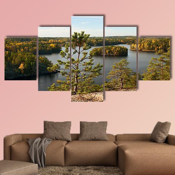 Pine Tree Autumn Lake Landscape Canvas Wall Art-5 Star-Gallery Wrap-62" x 32"-Tiaracle