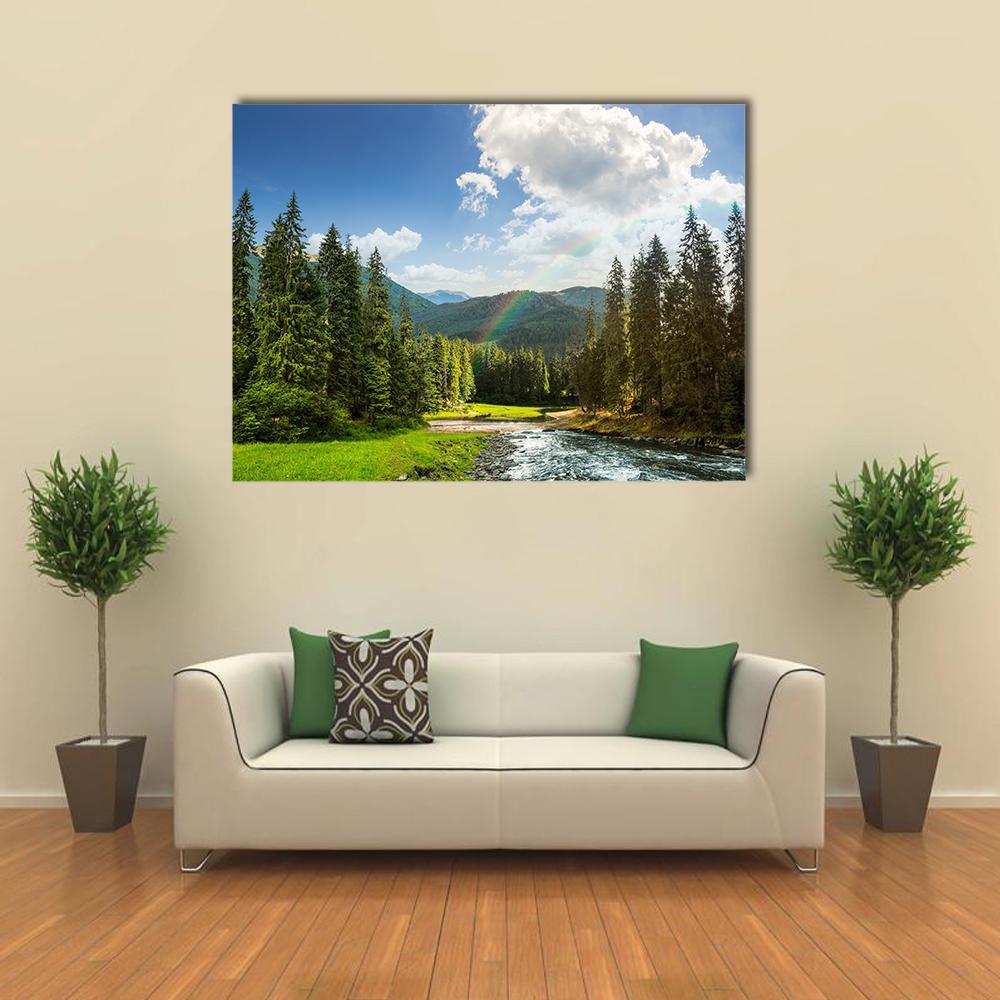 Pine Trees In Mountains And A River Canvas Wall Art-1 Piece-Gallery Wrap-36" x 24"-Tiaracle