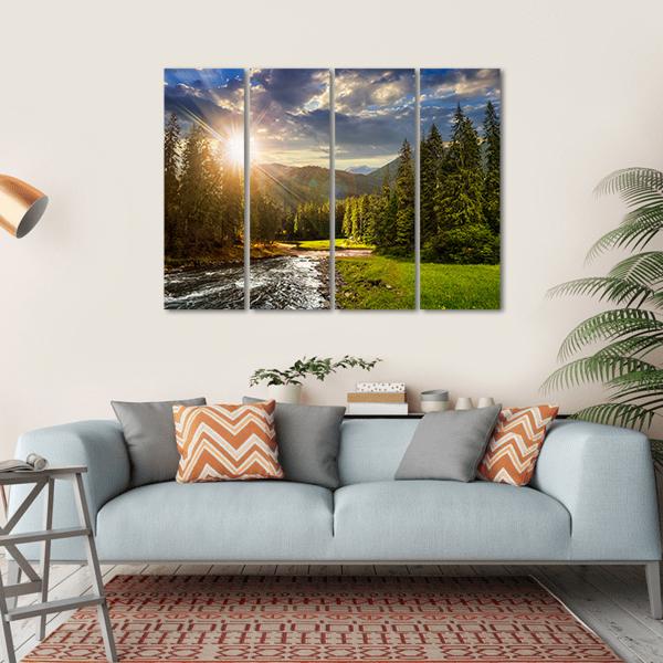 Pine Trees In Mountains And A River Canvas Wall Art-4 Horizontal-Gallery Wrap-34" x 24"-Tiaracle