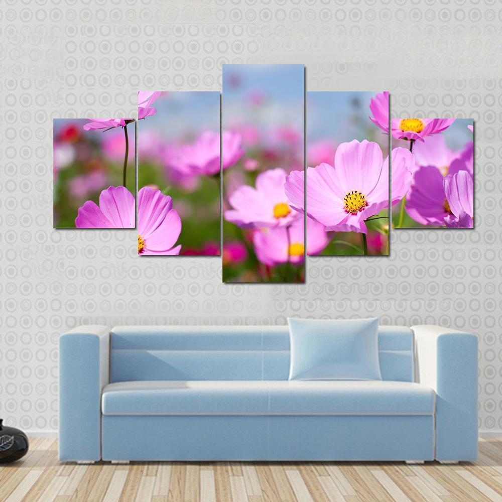 Pink Cosmos Field And Sky Canvas Wall Art-5 Star-Gallery Wrap-62" x 32"-Tiaracle