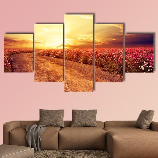 Pink Cosmos Flower Field Canvas Wall Art-5 Star-Gallery Wrap-62" x 32"-Tiaracle