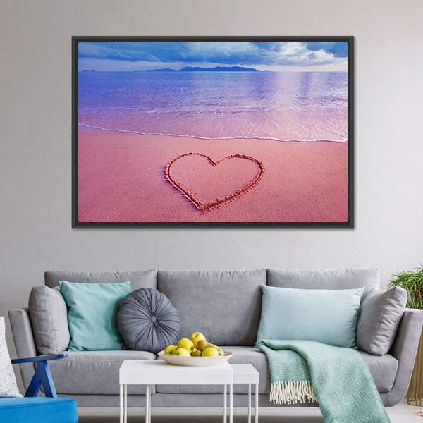 Pink Heart On Sand Panoramic Canvas Wall Art-1 Piece-36" x 12"-Tiaracle