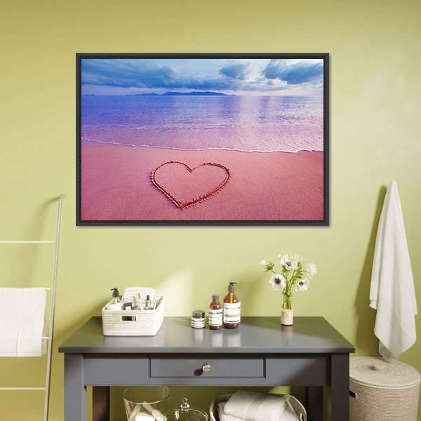 Pink Heart On Sand Panoramic Canvas Wall Art-1 Piece-36" x 12"-Tiaracle