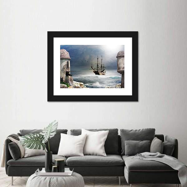 Pirate Ship Anchored In Bay Of A Fort Canvas Wall Art-1 Piece-Framed Print-20" x 16"-Tiaracle