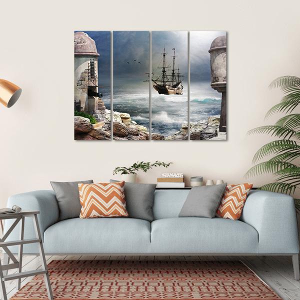 Pirate Ship Anchored In Bay Of A Fort Canvas Wall Art-4 Horizontal-Gallery Wrap-34" x 24"-Tiaracle