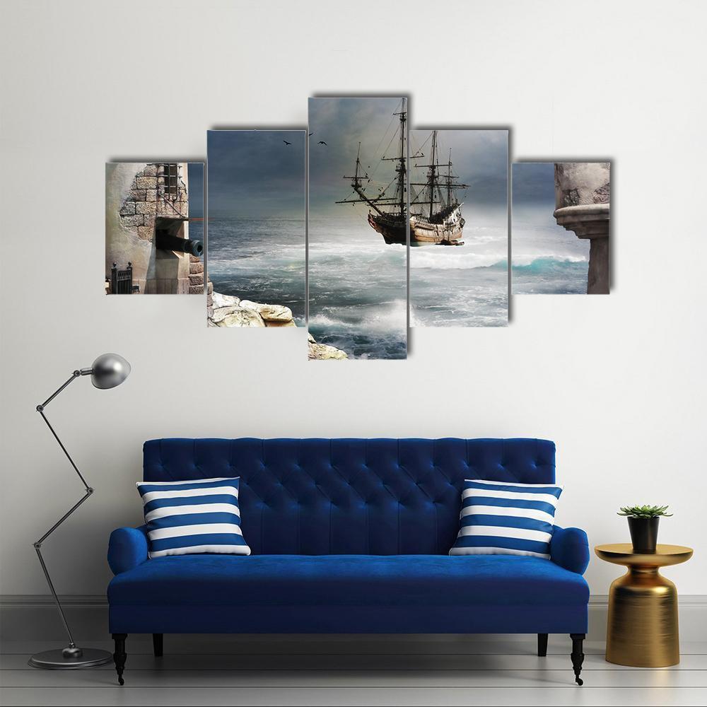 Pirate Ship Anchored In Bay Of A Fort Canvas Wall Art-5 Star-Gallery Wrap-62" x 32"-Tiaracle
