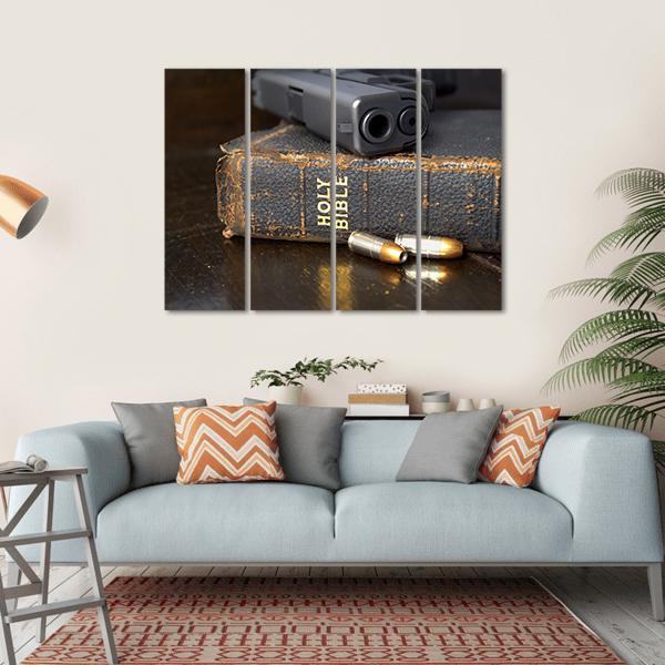 Pistol And Ammo With Bible Canvas Wall Art-4 Horizontal-Gallery Wrap-34" x 24"-Tiaracle