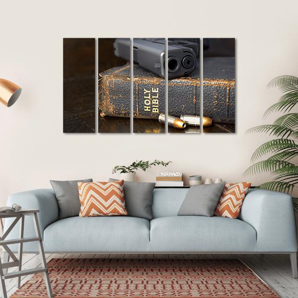 Pistol And Ammo With Bible Canvas Wall Art-5 Horizontal-Gallery Wrap-22" x 12"-Tiaracle