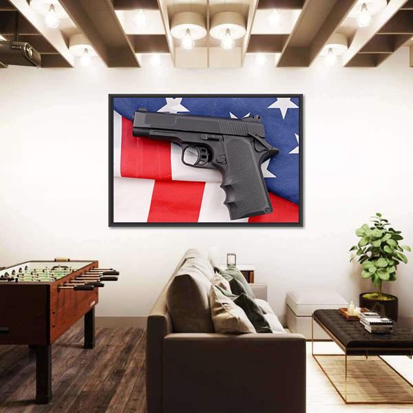 Pistol With American Flag Canvas Wall Art-3 Horizontal-Gallery Wrap-25" x 16"-Tiaracle