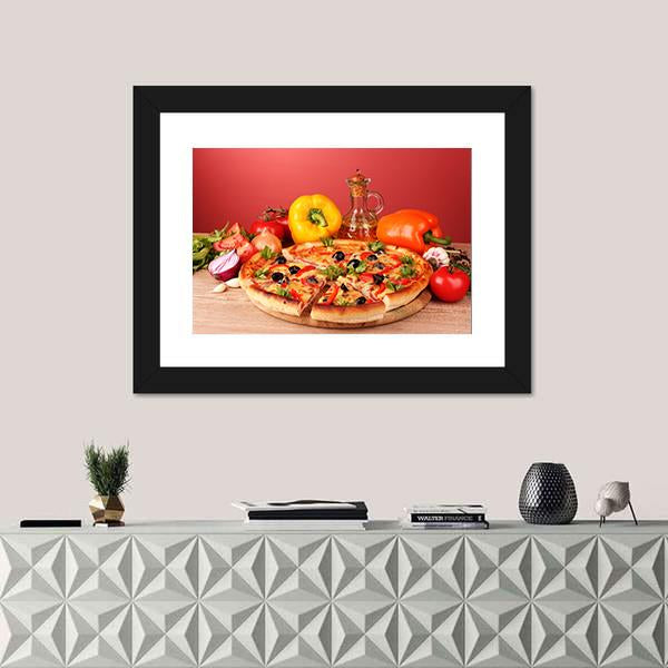 Pizza And Vegetables On A Table Canvas Wall Art-1 Piece-Framed Print-20" x 16"-Tiaracle
