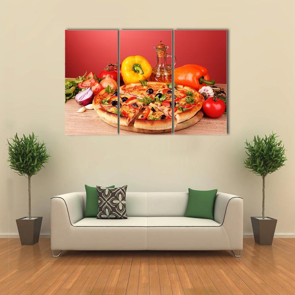 Pizza And Vegetables On A Table Canvas Wall Art-3 Horizontal-Gallery Wrap-37" x 24"-Tiaracle