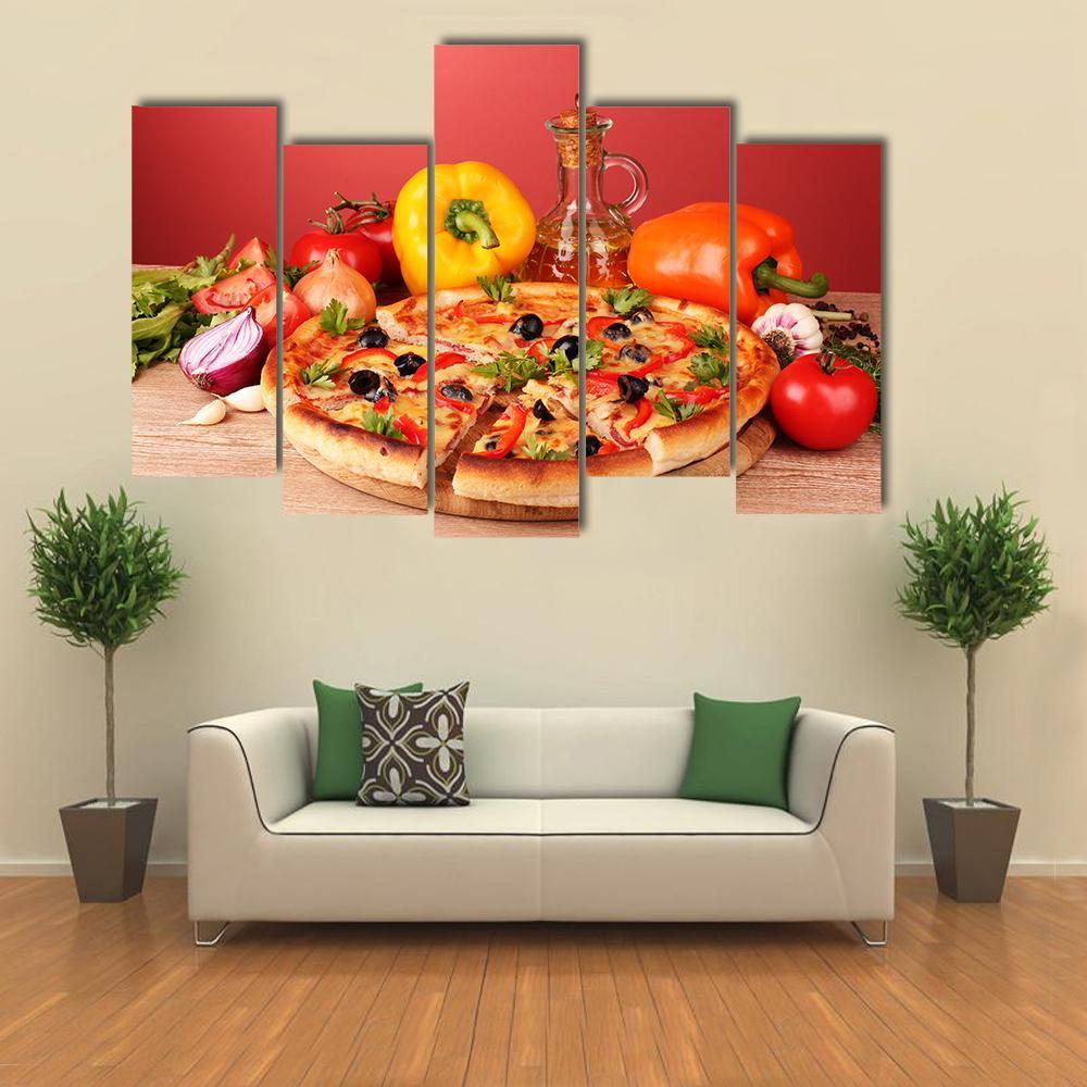 Pizza And Vegetables On A Table Canvas Wall Art-5 Pop-Gallery Wrap-47" x 32"-Tiaracle
