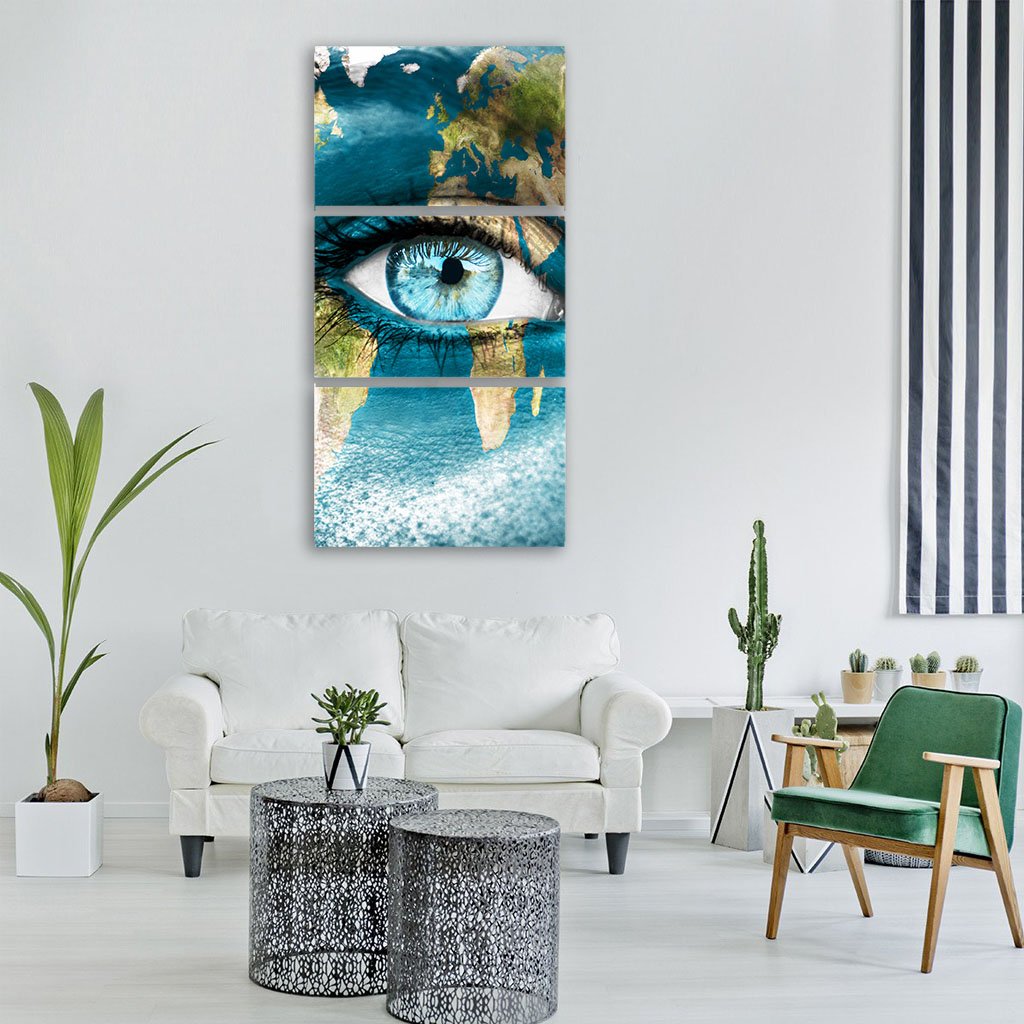 Planet Earth And Blue Human Eye Vertical Canvas Wall Art-3 Vertical-Gallery Wrap-12" x 25"-Tiaracle