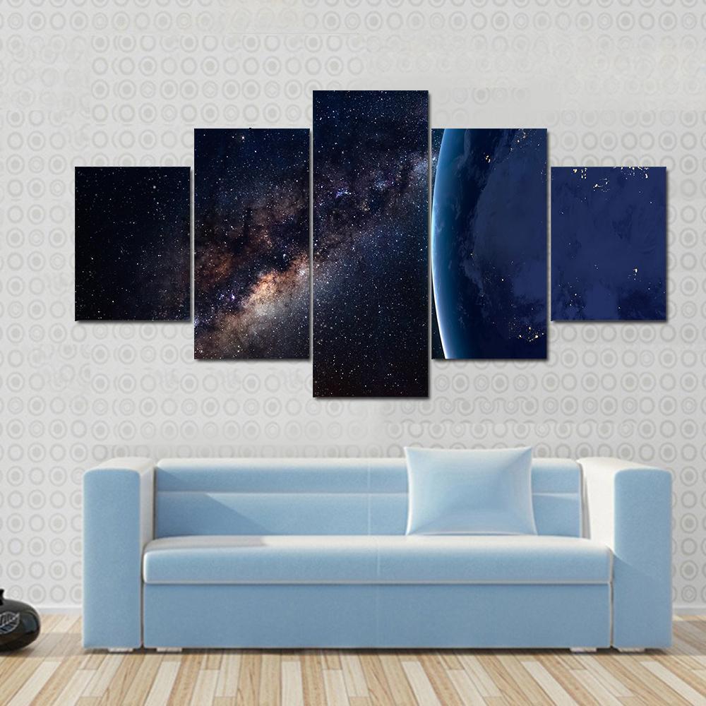 Planet Earth and Milky Way At Night Canvas Wall Art-5 Star-Gallery Wrap-62" x 32"-Tiaracle
