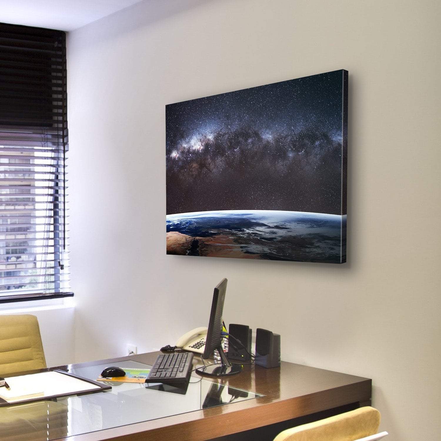 Planet Earth & Milky Way Canvas Wall Art-3 Horizontal-Gallery Wrap-25" x 16"-Tiaracle