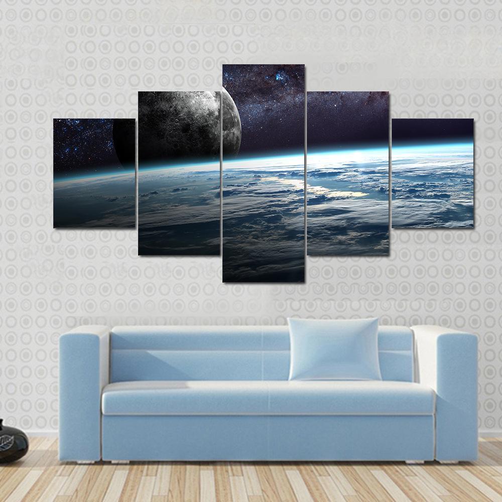Planet Earth and Moon Illustration Canvas Wall Art-5 Star-Gallery Wrap-62" x 32"-Tiaracle