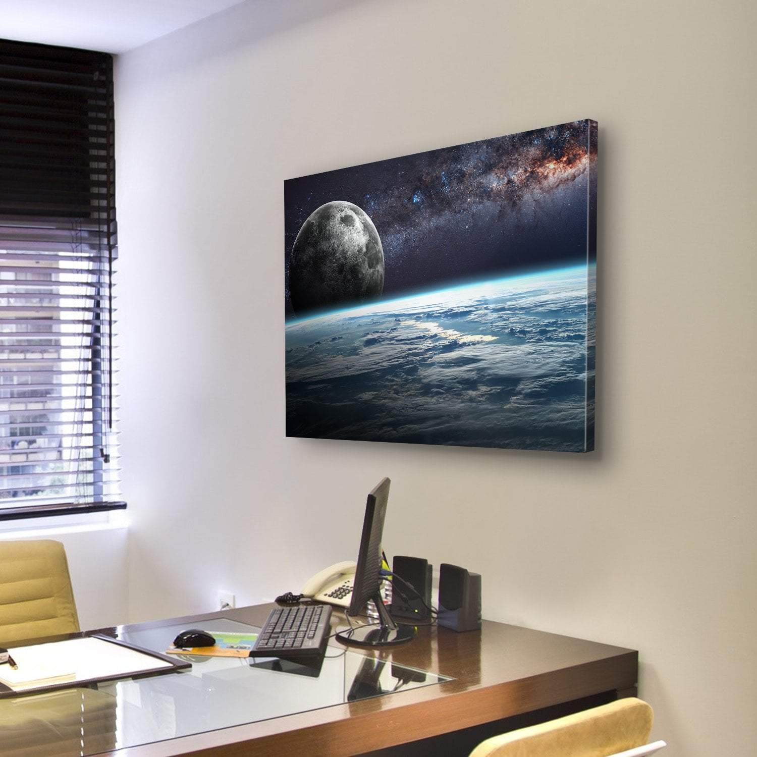 Planet Earth and Moon Illustration Canvas Wall Art-3 Horizontal-Gallery Wrap-25" x 16"-Tiaracle
