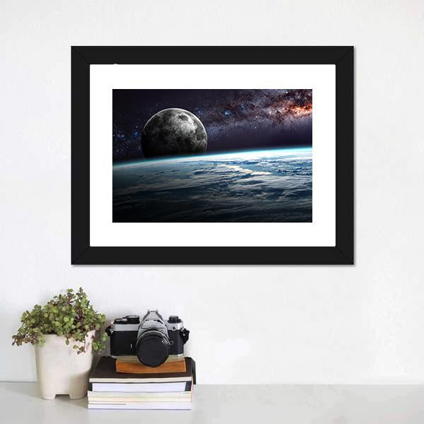Planet Earth and Moon Illustration Canvas Wall Art-3 Horizontal-Gallery Wrap-25" x 16"-Tiaracle