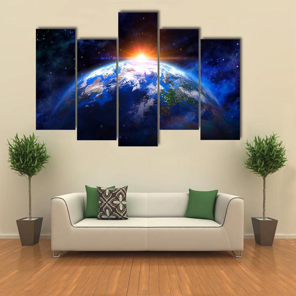 Planet Earth In Outer Space With Rising Sun Canvas Wall Art-5 Pop-Gallery Wrap-47" x 32"-Tiaracle