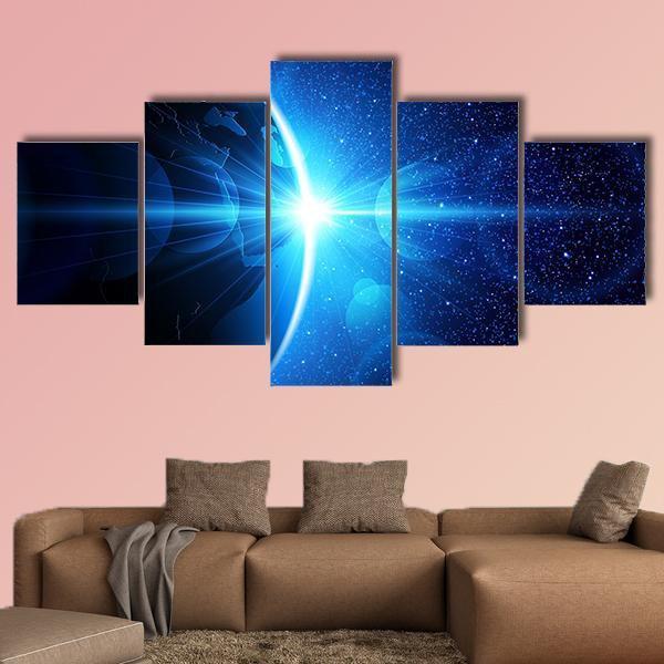 Planet Earth With Sunrise In Space Canvas Wall Art-5 Star-Gallery Wrap-62" x 32"-Tiaracle