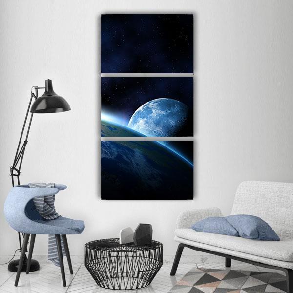 Planet Earth With Sunrise Vertical Canvas Wall Art-3 Vertical-Gallery Wrap-12" x 25"-Tiaracle