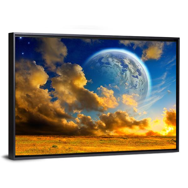Planet On Fantasy Landscape Canvas Wall Art-3 Horizontal-Gallery Wrap-25" x 16"-Tiaracle