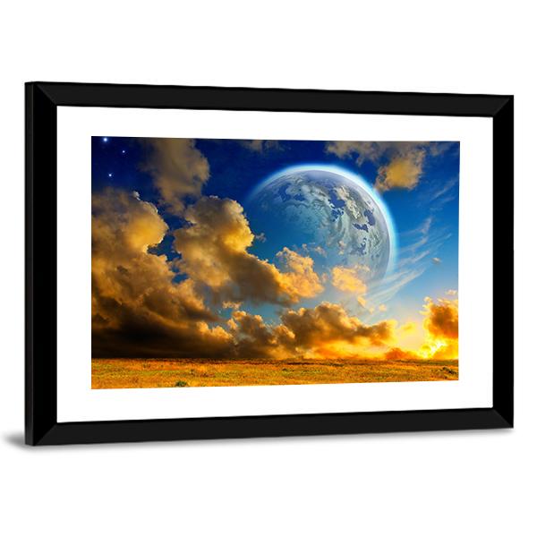 Planet On Fantasy Landscape Canvas Wall Art-3 Horizontal-Gallery Wrap-25" x 16"-Tiaracle