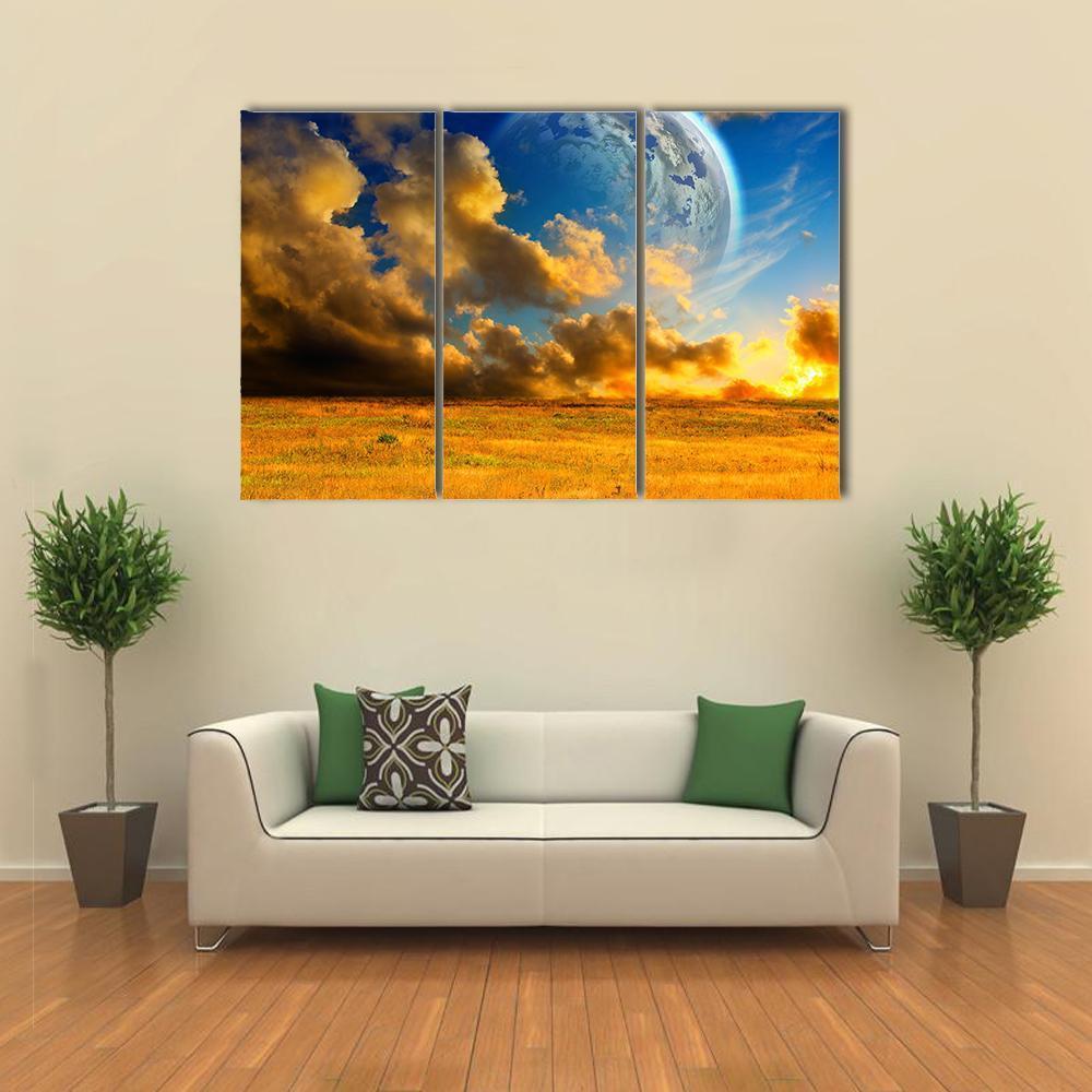 Planet On Fantasy Landscape Canvas Wall Art-3 Horizontal-Gallery Wrap-37" x 24"-Tiaracle