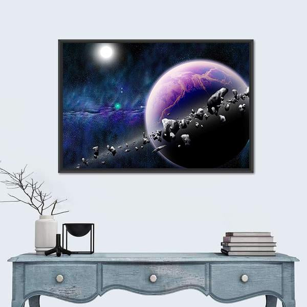 Planet With Asteroids Canvas Wall Art-3 Horizontal-Gallery Wrap-25" x 16"-Tiaracle