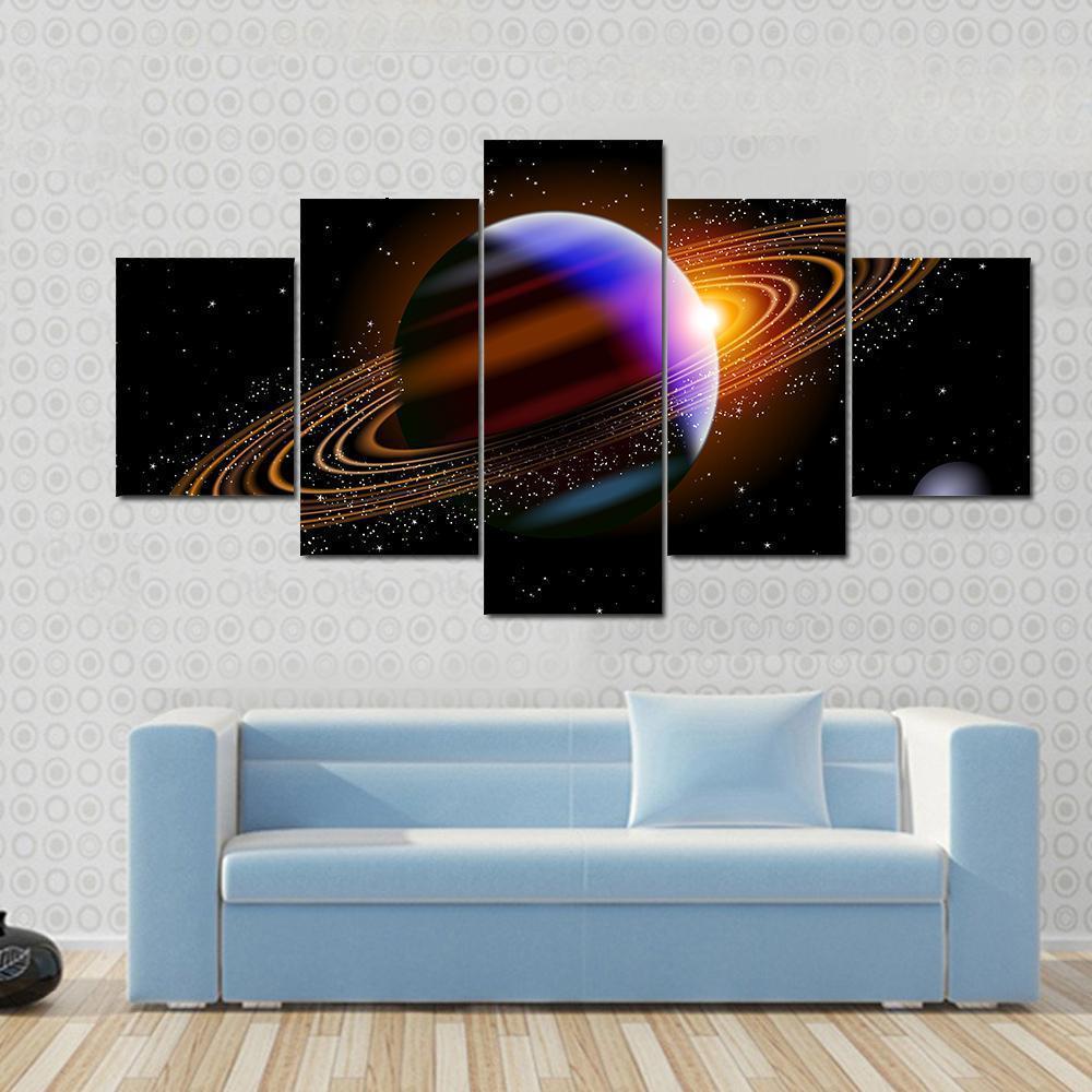 Planet With Rings In Deep Space Canvas Wall Art-5 Star-Gallery Wrap-62" x 32"-Tiaracle