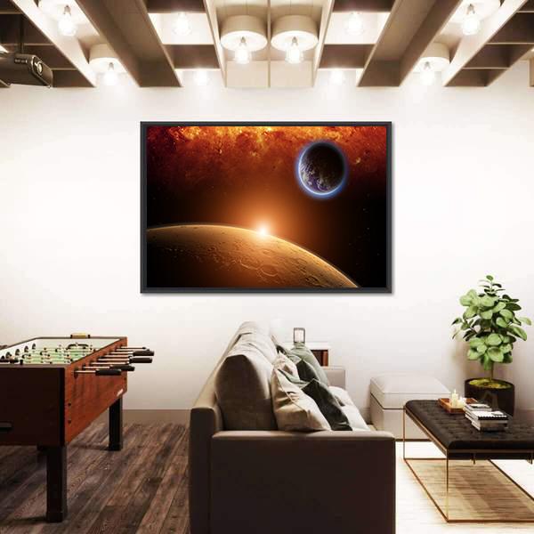 Planets Earth And Mars In Space Red Galaxy Bright Red Sun Canvas Wall Art-3 Horizontal-Gallery Wrap-25" x 16"-Tiaracle