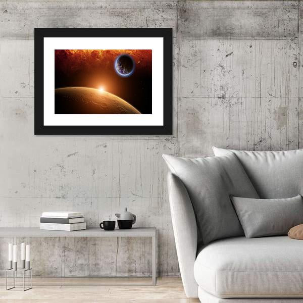 Planets Earth And Mars In Space Red Galaxy Bright Red Sun Canvas Wall Art-3 Horizontal-Gallery Wrap-25" x 16"-Tiaracle