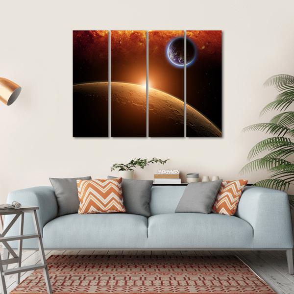 Planets Earth And Mars In Space Red Galaxy Bright Red Sun Canvas Wall Art-4 Horizontal-Gallery Wrap-34" x 24"-Tiaracle