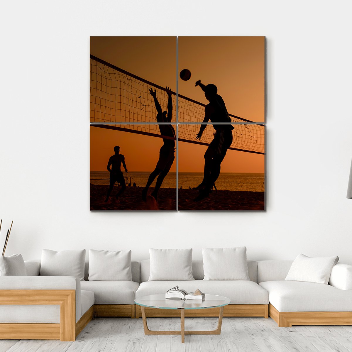 Players Playing Volley Ball At Beach Canvas Wall Art-4 Square-Gallery Wrap-17" x 17"-Tiaracle