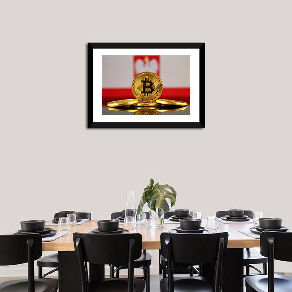 Poland Flag With Bitcoin Panoramic Canvas Wall Art-1 Piece-36" x 12"-Tiaracle