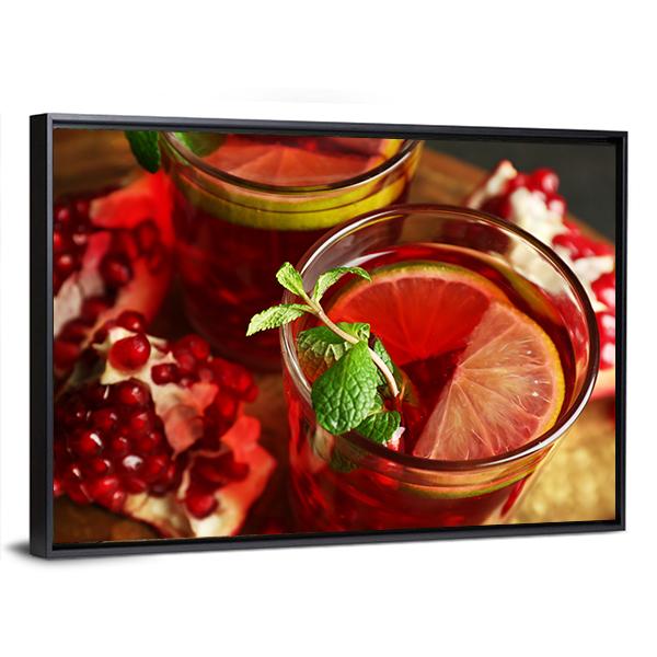 Pomegranate Drink In Glasses Canvas Wall Art-3 Horizontal-Gallery Wrap-25" x 16"-Tiaracle