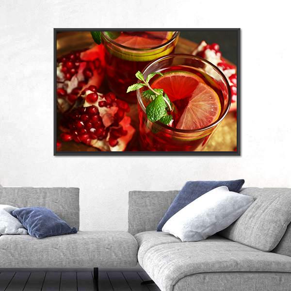 Pomegranate Drink In Glasses Canvas Wall Art-3 Horizontal-Gallery Wrap-25" x 16"-Tiaracle