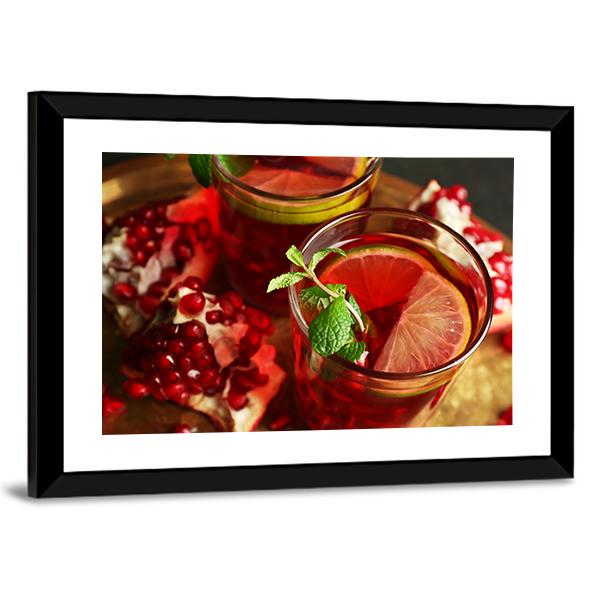 Pomegranate Drink In Glasses Canvas Wall Art-3 Horizontal-Gallery Wrap-25" x 16"-Tiaracle