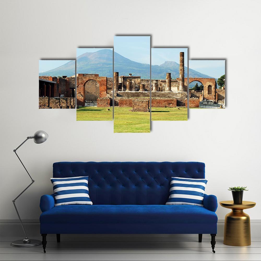 Pompei Ruins In Italy With Mount Vesuvius Canvas Wall Art-5 Star-Gallery Wrap-62" x 32"-Tiaracle