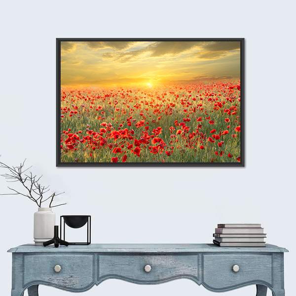 Poppy Filed At Sunset Canvas Wall Art-1 Piece-Floating Frame-24" x 16"-Tiaracle