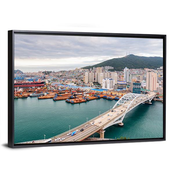 Port of Busan And Busandaegyo Bridge Canvas Wall Art-3 Horizontal-Gallery Wrap-25" x 16"-Tiaracle