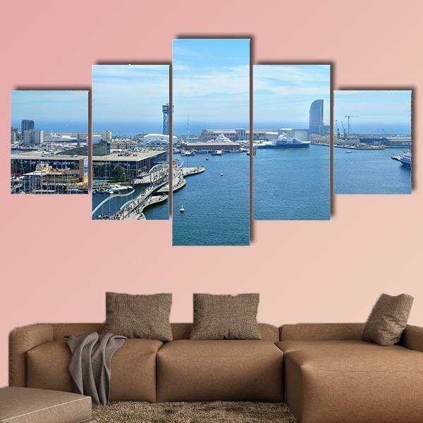 Port Vell And Maremagnum In Barcelona Spain Canvas Wall Art-5 Star-Gallery Wrap-62" x 32"-Tiaracle